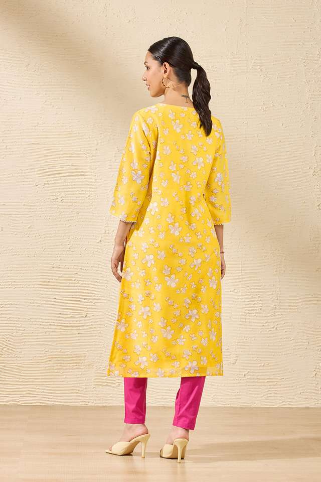 Light Yellow Sanganeri Block Printed Pure Silk Cotton Kurta thumbnail image number null