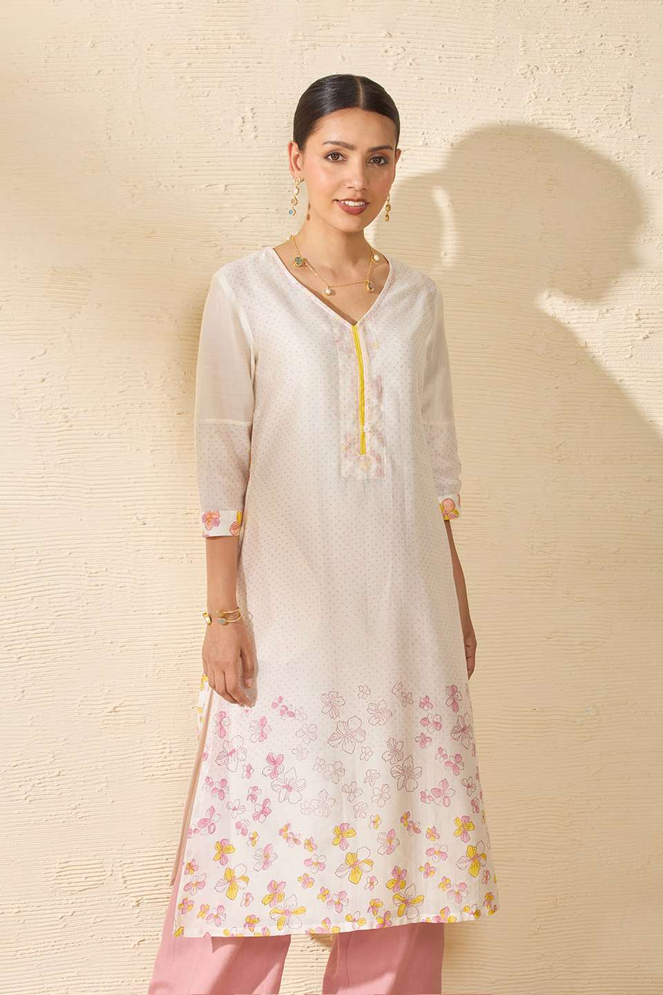 Off White Pure Silk Cotton Printed Sanganeri Kurta