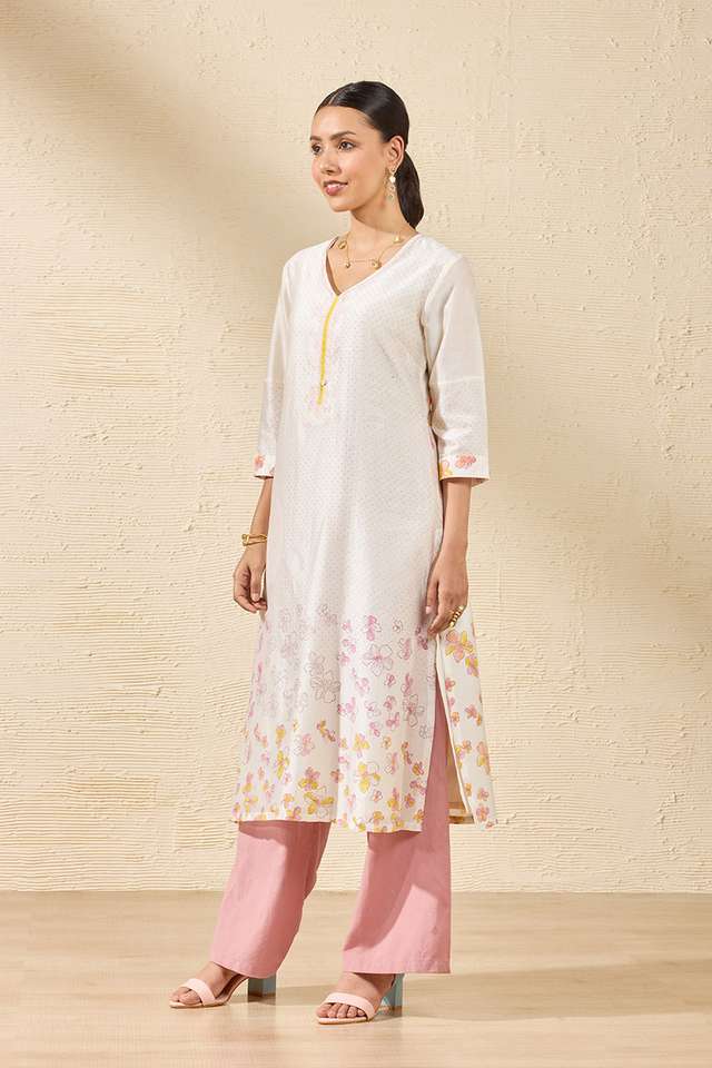Off White Pure Silk Cotton Printed Sanganeri Kurta thumbnail image number null