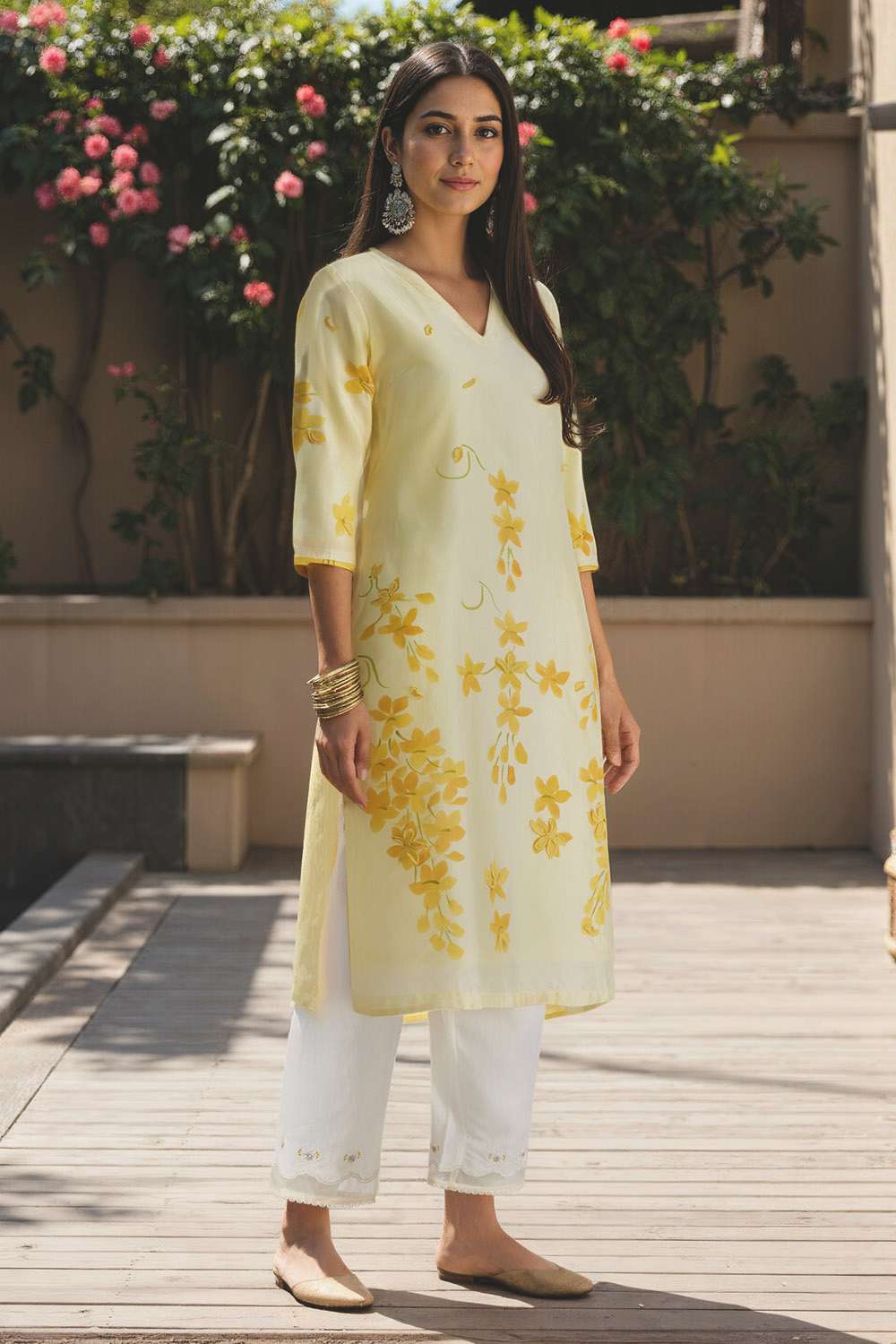 Light Yellow Pure Silk Cotton Hand Painted Kurta image number null