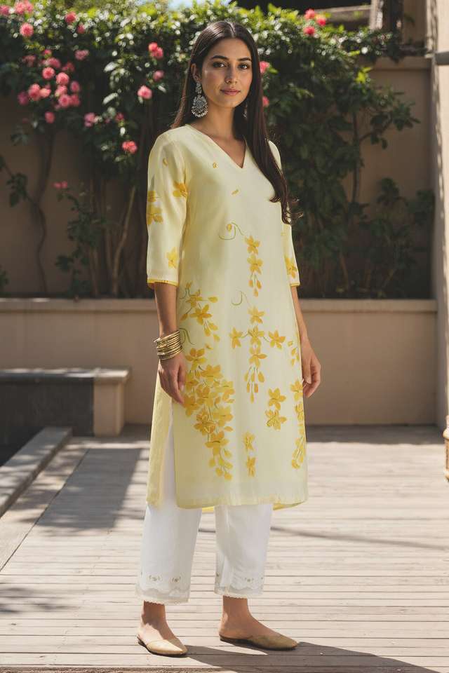 Light Yellow Pure Silk Cotton Hand Painted Kurta image number