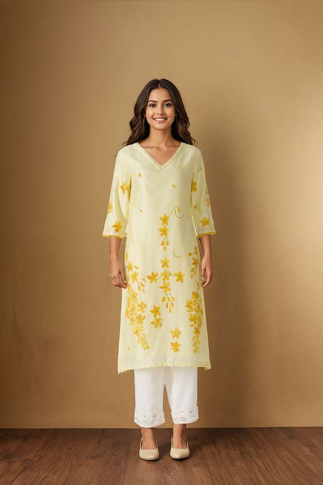 Light Yellow Pure Silk Cotton Hand Painted Kurta thumbnail image number null