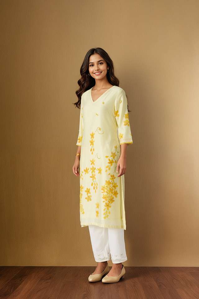 Light Yellow Pure Silk Cotton Hand Painted Kurta thumbnail image number null