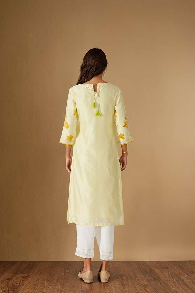Light Yellow Pure Silk Cotton Hand Painted Kurta thumbnail image number null
