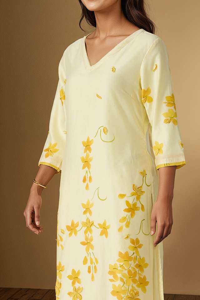 Light Yellow Pure Silk Cotton Hand Painted Kurta thumbnail image number null