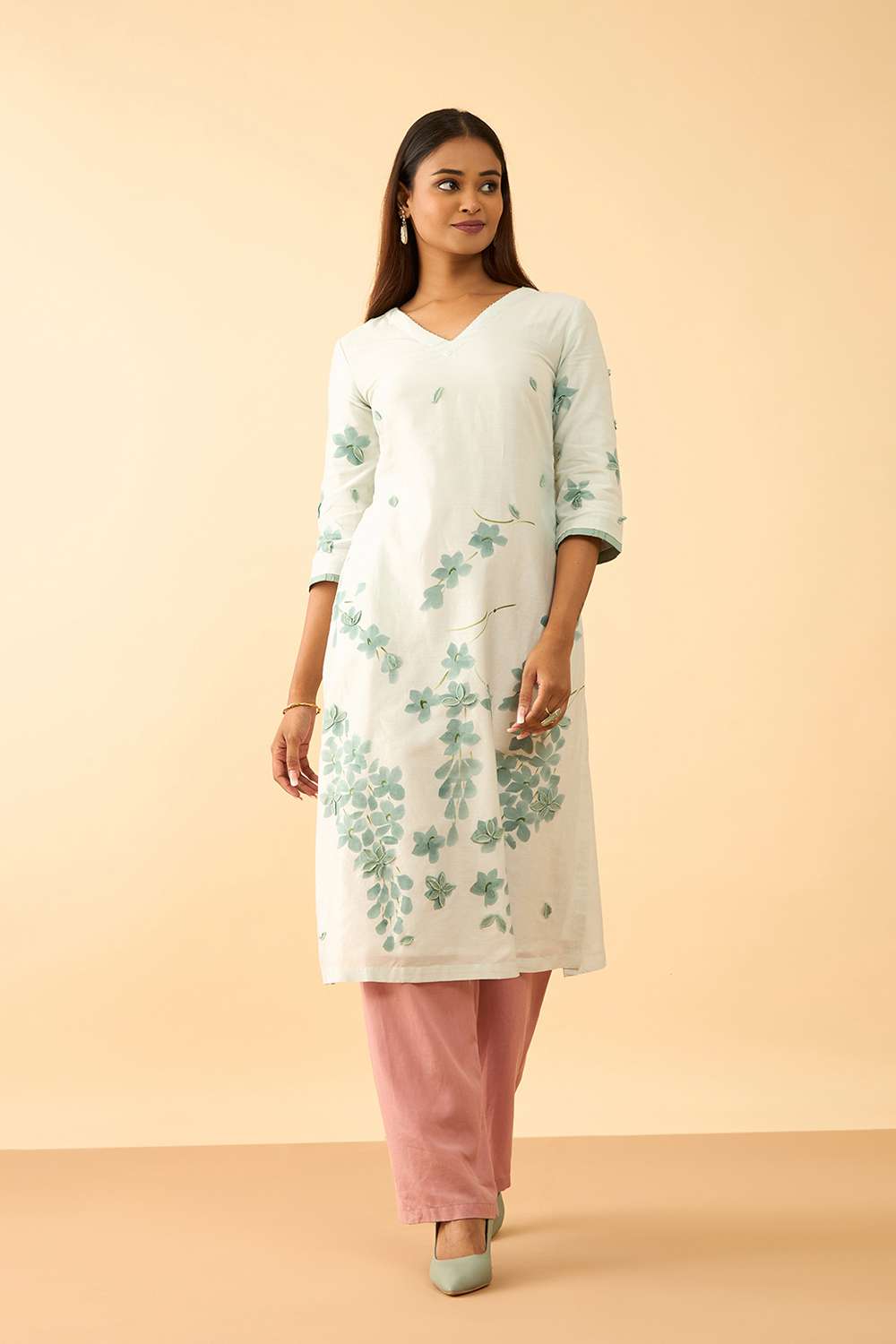 Light Blue Pure Silk Cotton Hand Painted Kurta image number null