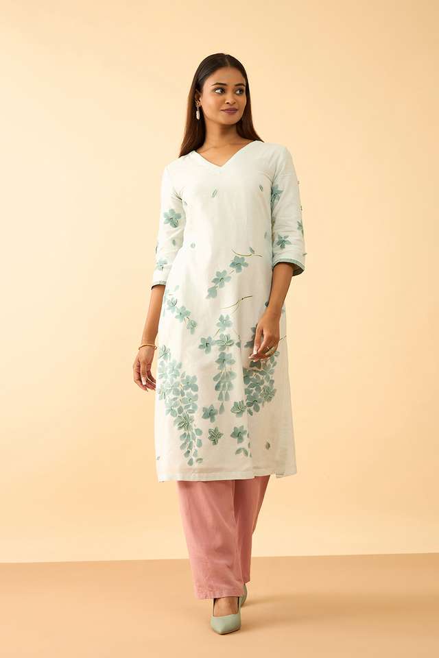 Light Blue Pure Silk Cotton Hand Painted Kurta image number