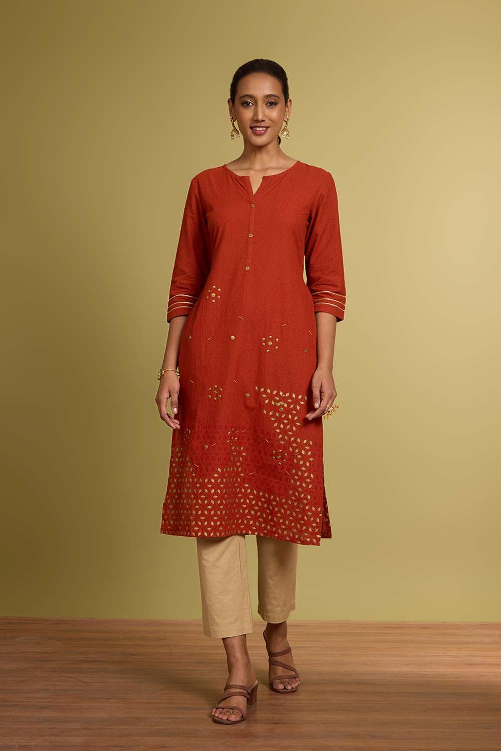 Orange Block Printed Pure Cotton Kurta image number null