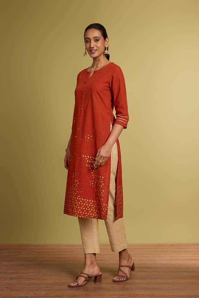 Orange Block Printed Pure Cotton Kurta thumbnail image number null