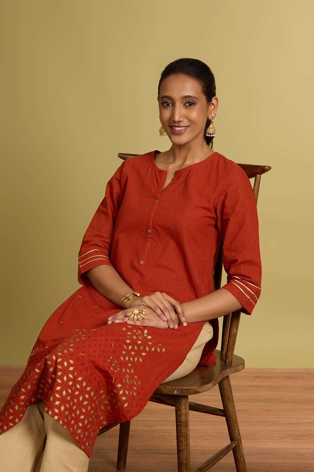 Orange Block Printed Pure Cotton Kurta image number null