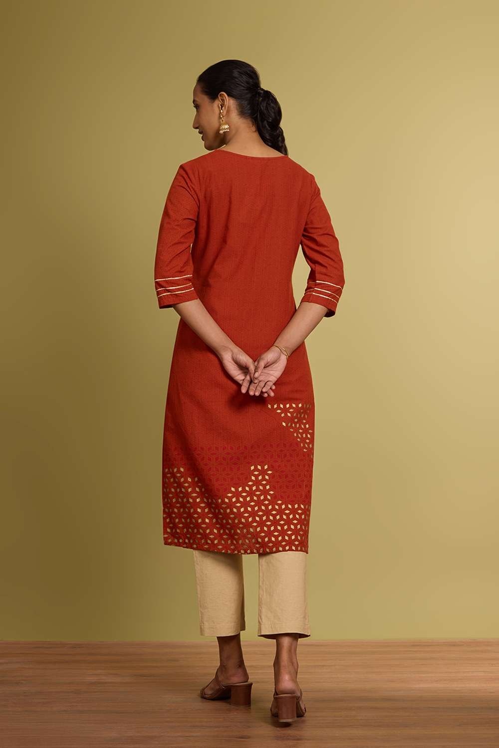 Orange Block Printed Pure Cotton Kurta image number null