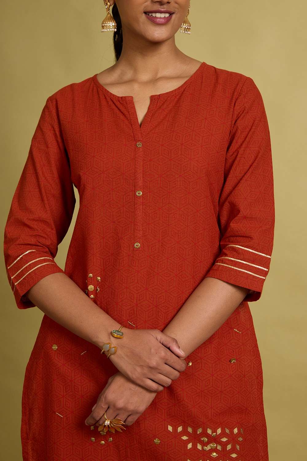 Orange Block Printed Pure Cotton Kurta image number null