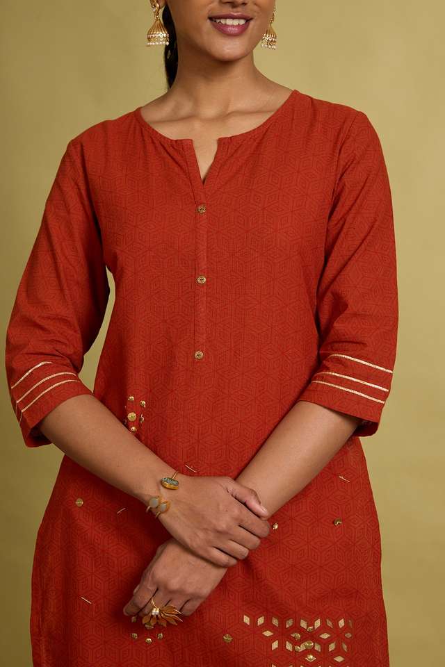 Orange Block Printed Pure Cotton Kurta thumbnail image number null