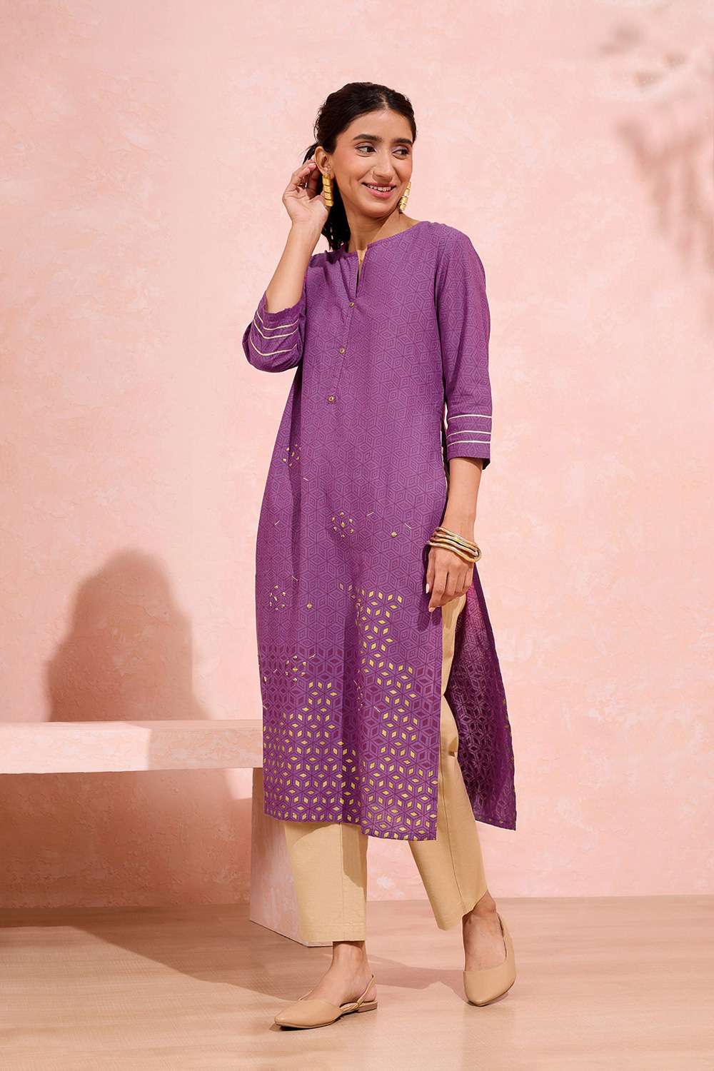 Purple Pure Cotton Printed Embroidery Kurta image number null