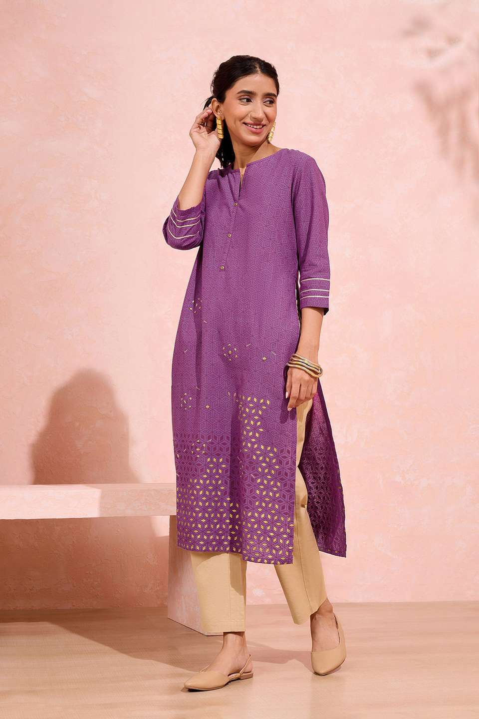 Purple Pure Cotton Printed Embroidery Kurta