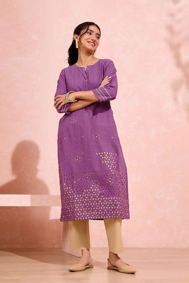 Purple Pure Cotton Printed Embroidery Kurta thumbnail image number null