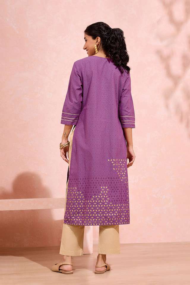 Purple Pure Cotton Printed Embroidery Kurta thumbnail image number null