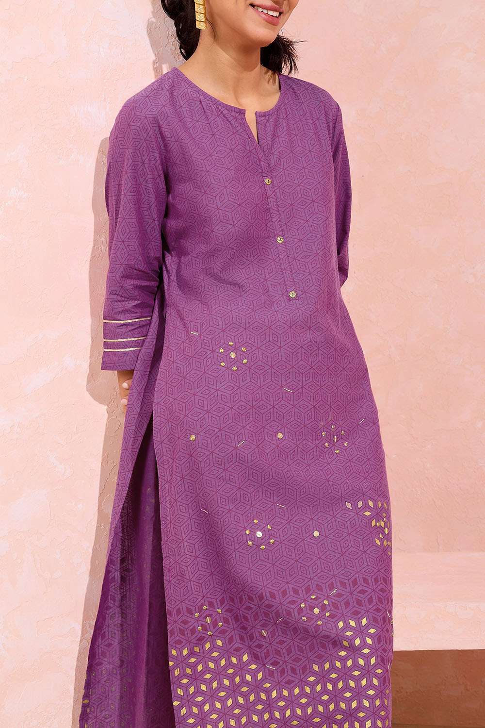 Purple Pure Cotton Printed Embroidery Kurta image number null
