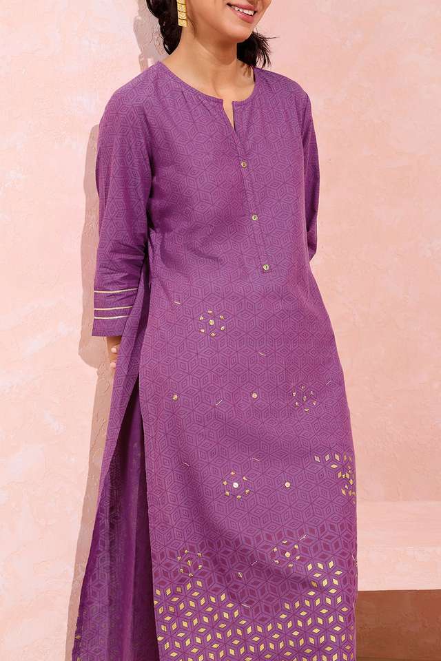 Purple Pure Cotton Printed Embroidery Kurta thumbnail image number null