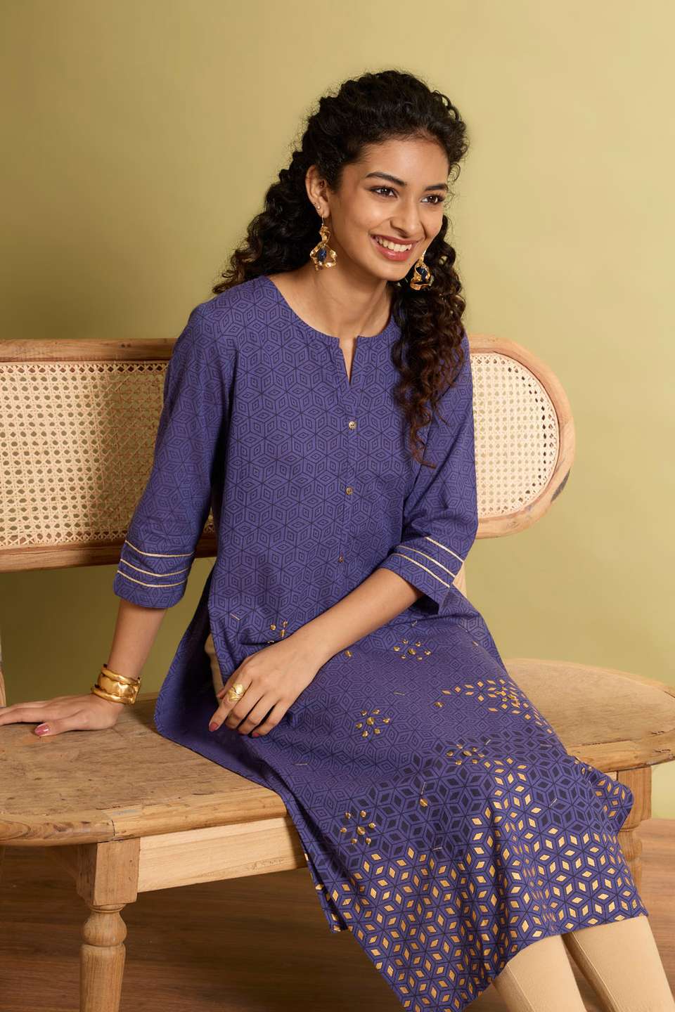 Blue Block Printed Pure Cotton Kurta