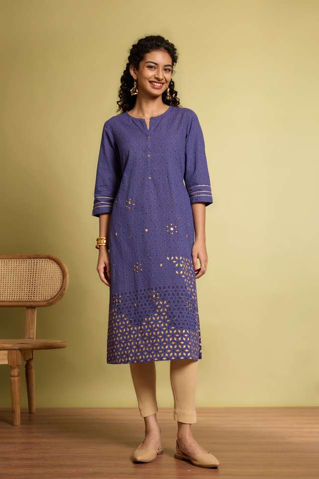 Blue Block Printed Pure Cotton Kurta thumbnail image number null