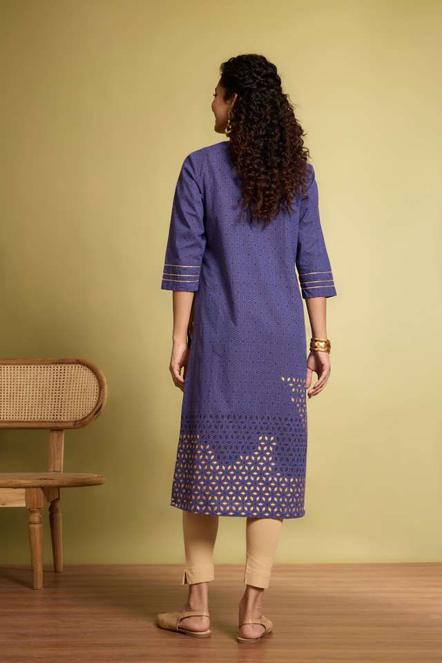 Blue Block Printed Pure Cotton Kurta thumbnail image number null
