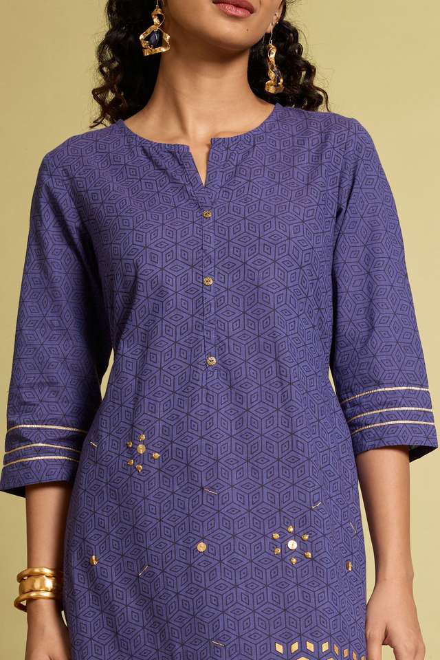 Blue Block Printed Pure Cotton Kurta thumbnail image number null