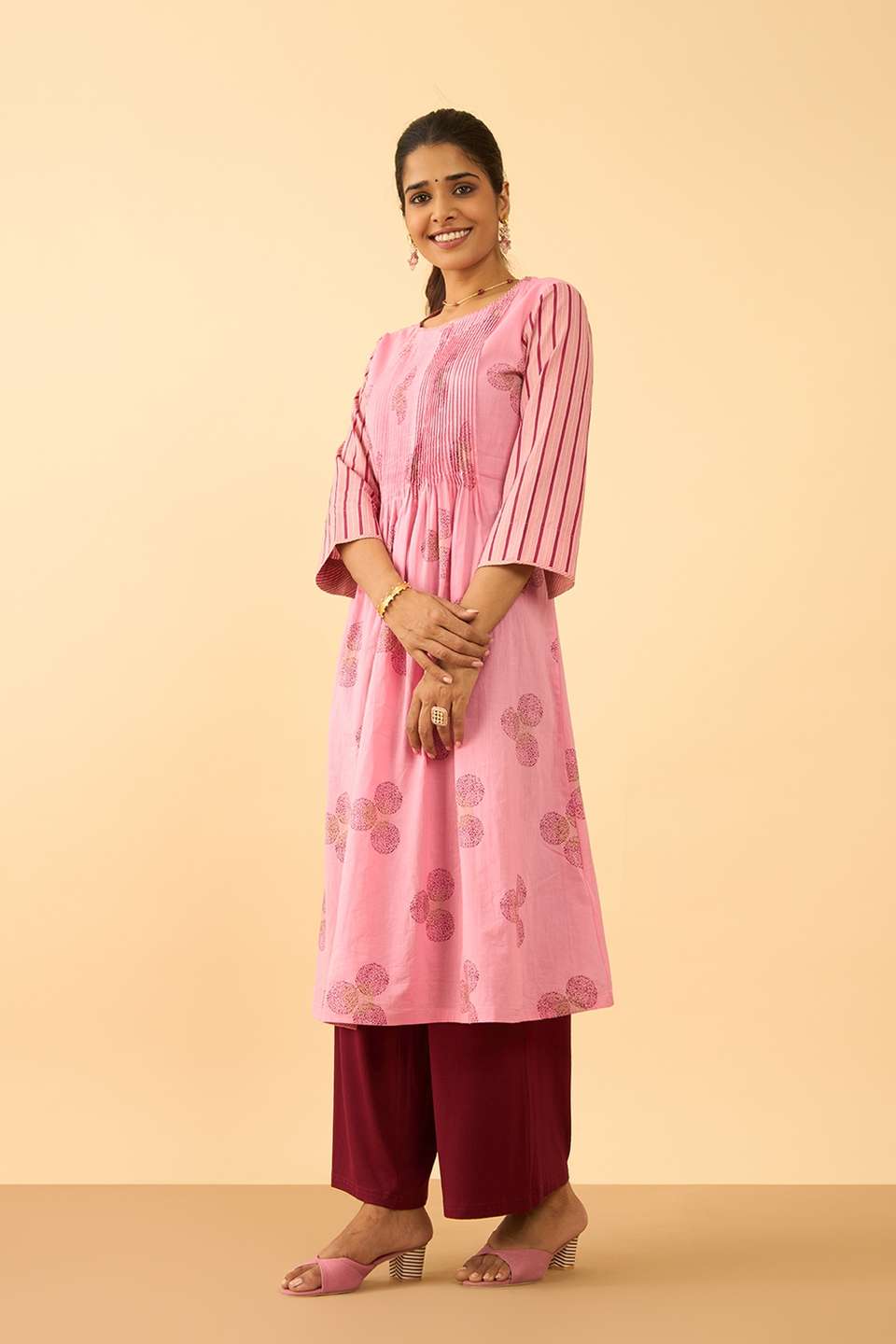 Light Pink Screen Printed Pure Cotton Kurta
