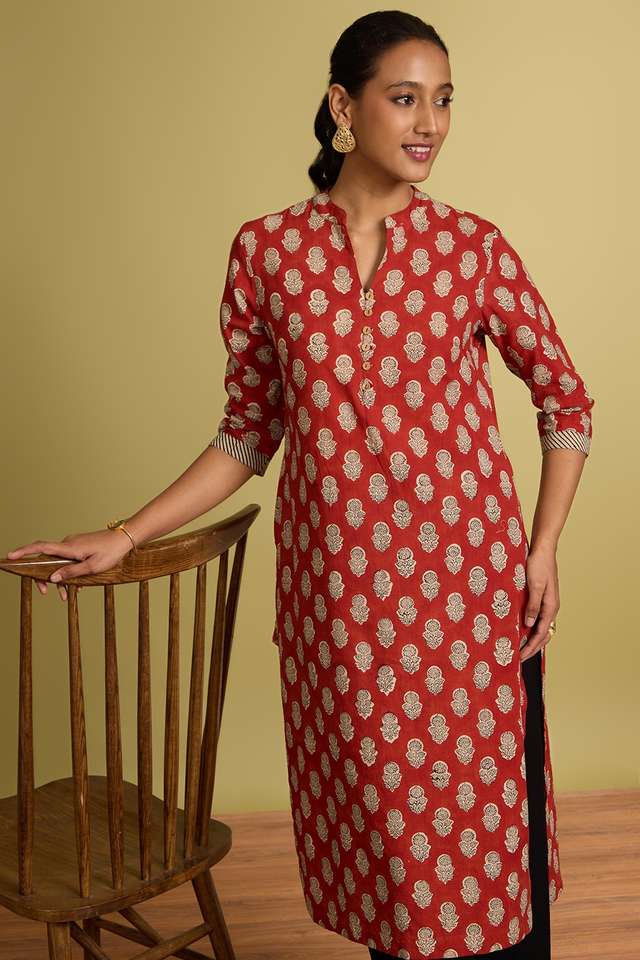 Dark Red Bagru Block Printed Pure Cotton Kurta thumbnail image number null
