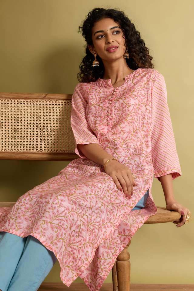 Light Pink Screen Printed Viscose Kurta thumbnail image number null