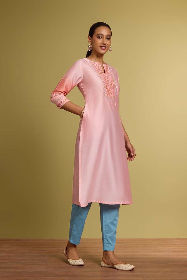 Light Pink Pure Silk Cotton Printed Embroidery Kurta thumbnail image number null