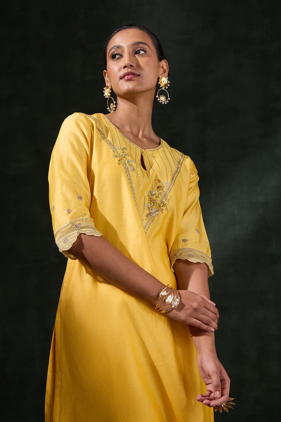 Yellow Pure Silk Cotton Embroidered Kurta