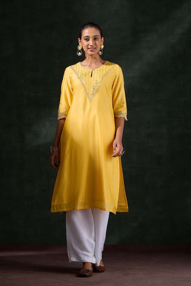 Yellow Pure Silk Cotton Embroidered Kurta thumbnail image number null