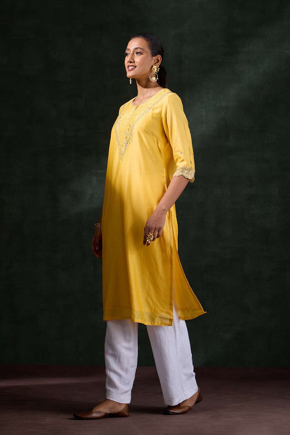Yellow Pure Silk Cotton Embroidered Kurta image number null
