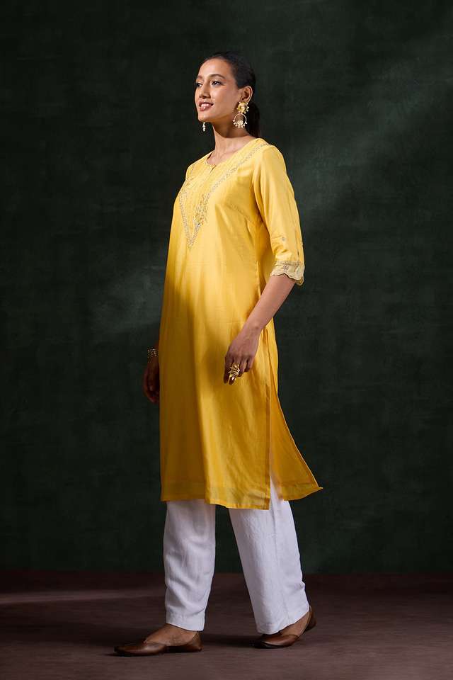Yellow Pure Silk Cotton Embroidered Kurta thumbnail image number null