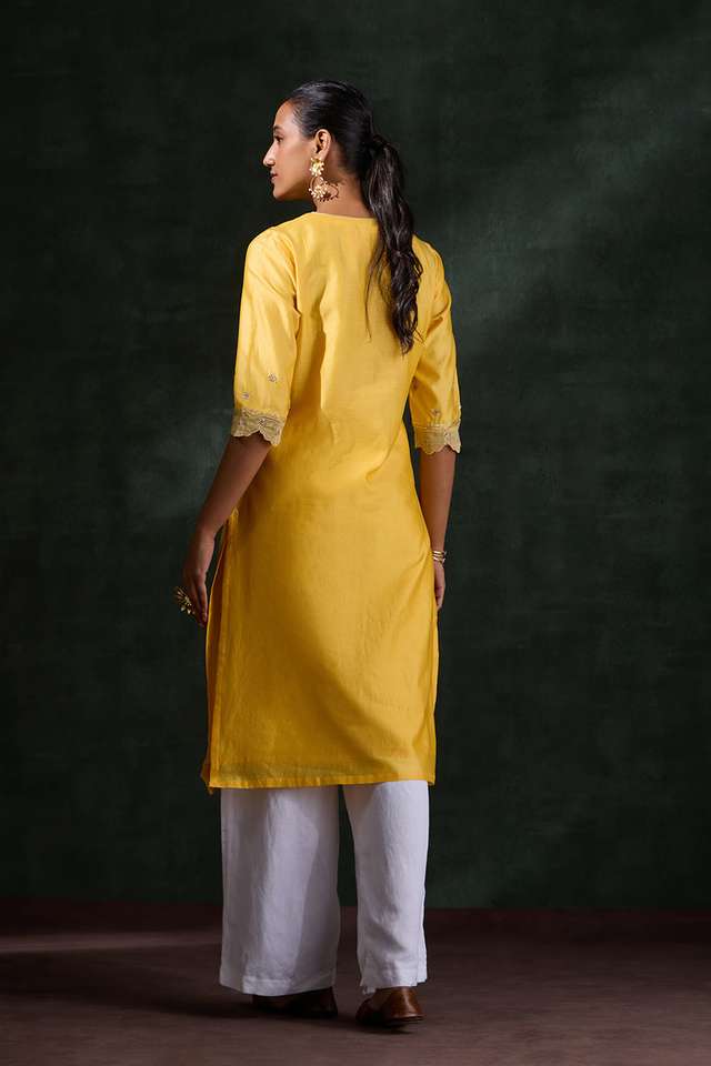 Yellow Pure Silk Cotton Embroidered Kurta thumbnail image number null