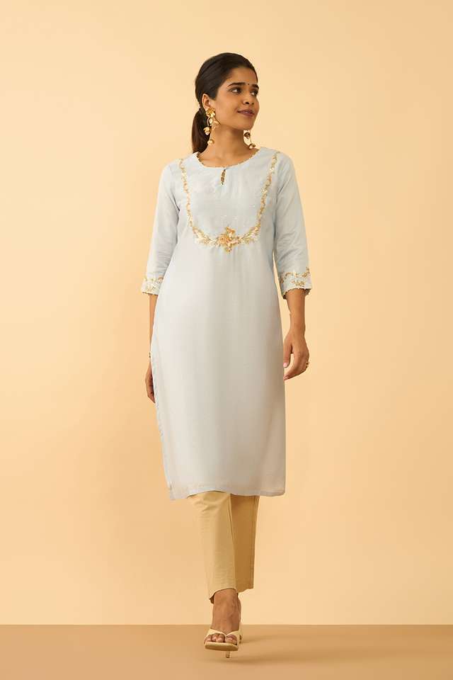 Light Blue Pure Silk Cotton Embroidered Kurta thumbnail image number null