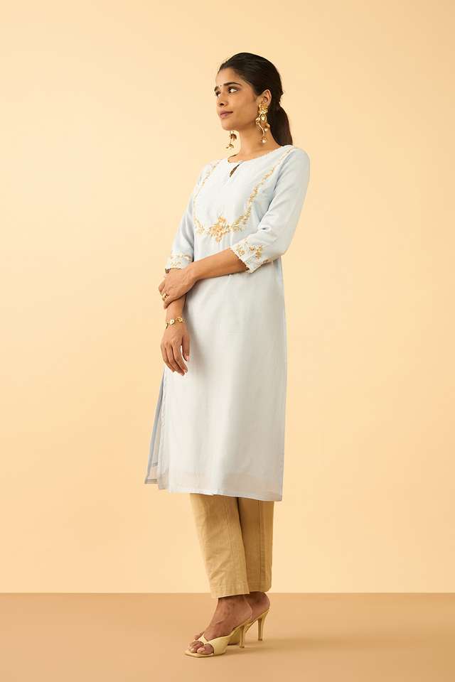 Light Blue Pure Silk Cotton Embroidered Kurta thumbnail image number null