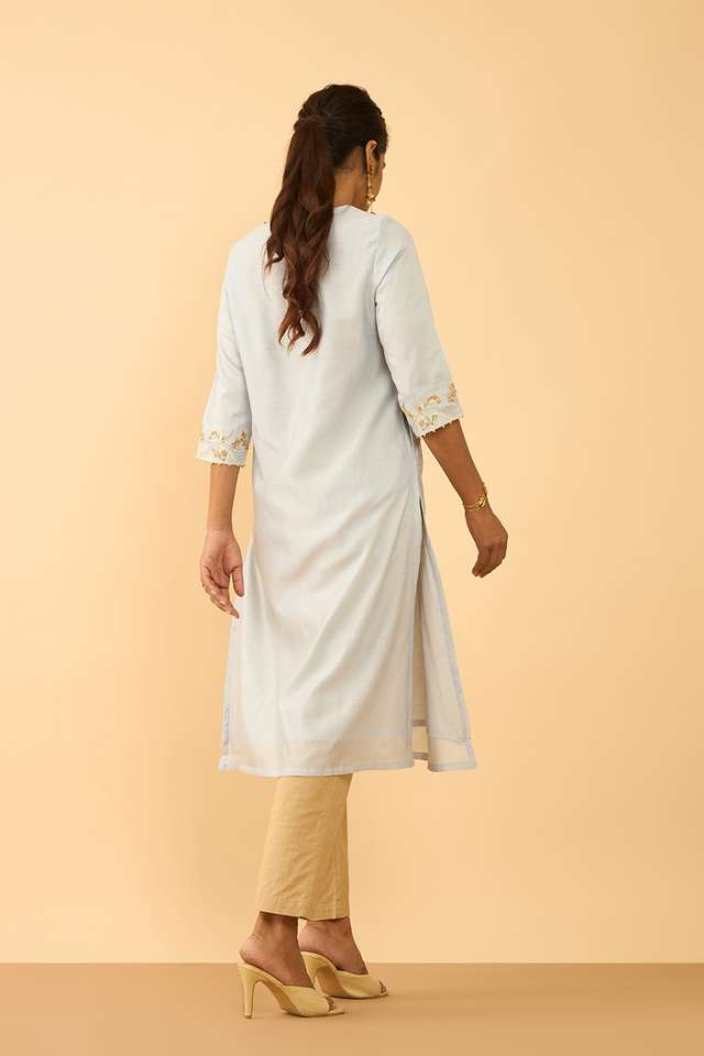 Light Blue Pure Silk Cotton Embroidered Kurta thumbnail image number null