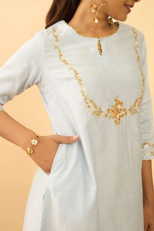 Light Blue Pure Silk Cotton Embroidered Kurta thumbnail image number null
