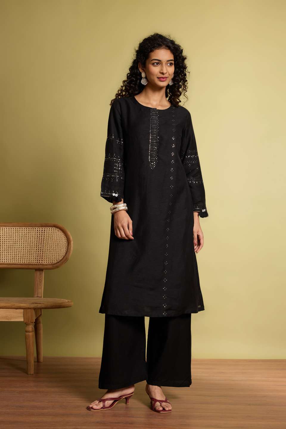 Black Viscose Mukaish Embroidery Kurta