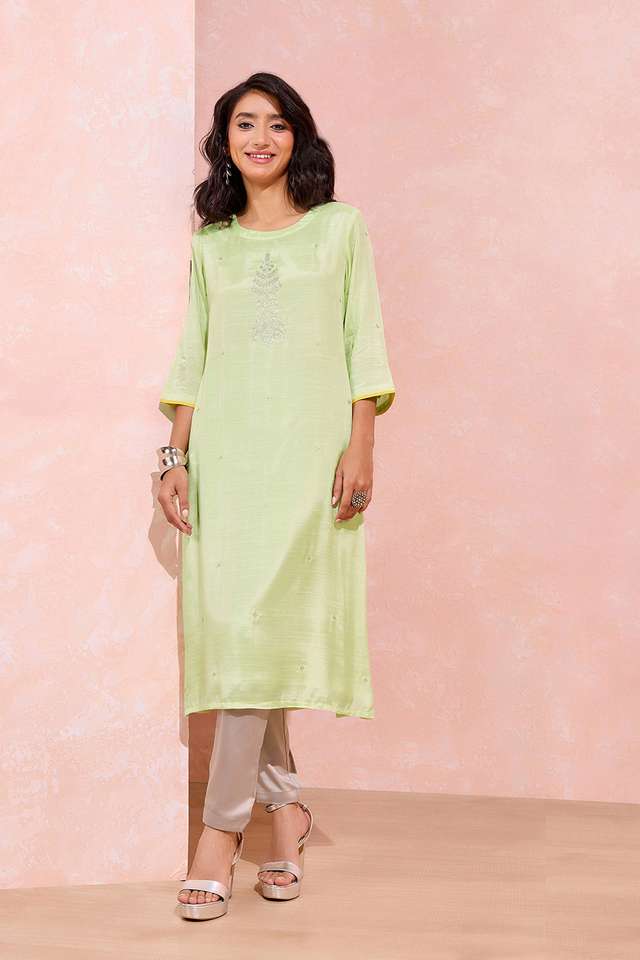 Light Green Viscose Embroidered Kurta image number