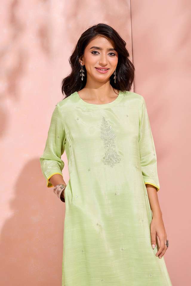 Light Green Viscose Embroidered Kurta thumbnail image number null