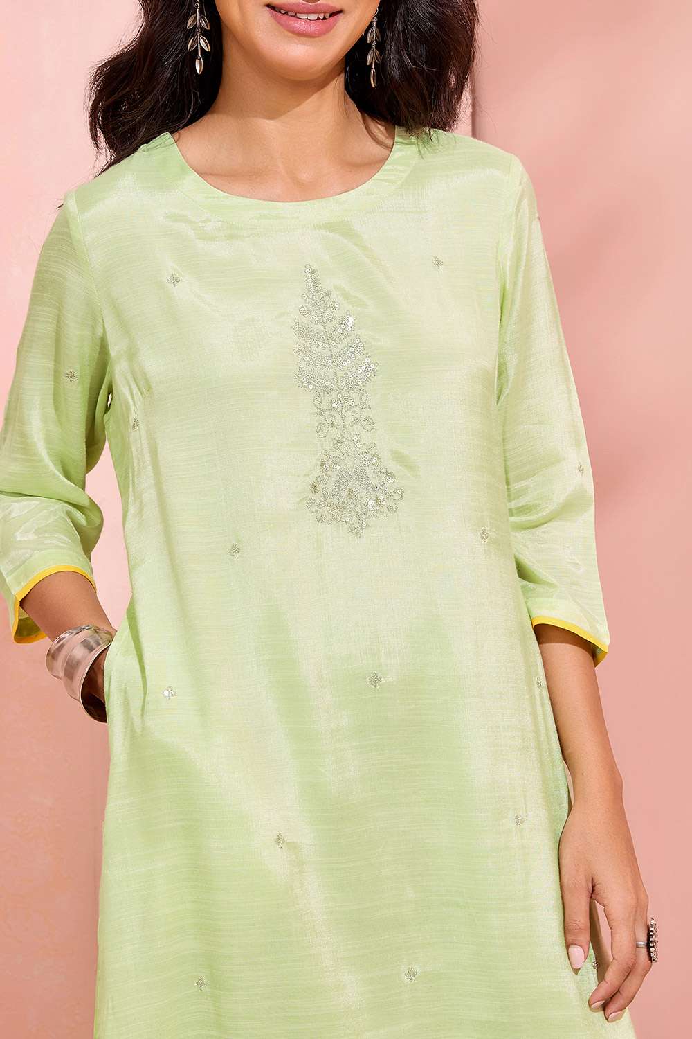 Light Green Viscose Embroidered Kurta image number null