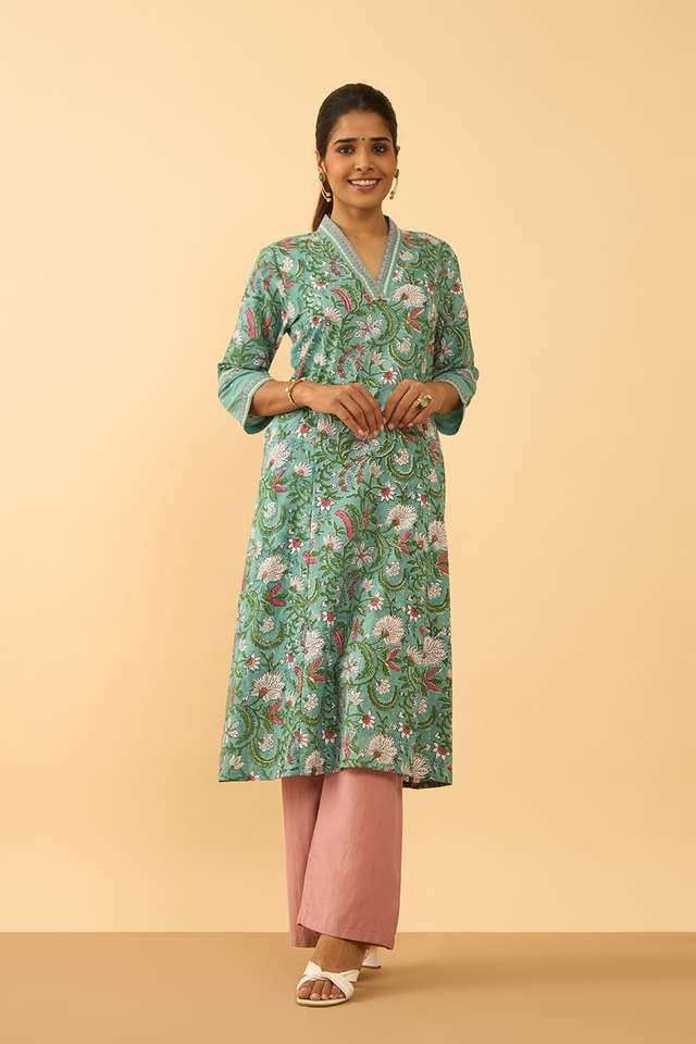 Light Blue Pure Cotton Printed Sanganeri Kurta thumbnail image number null