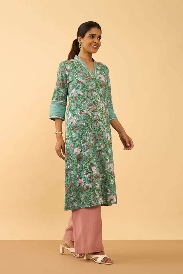 Light Blue Pure Cotton Printed Sanganeri Kurta thumbnail image number null