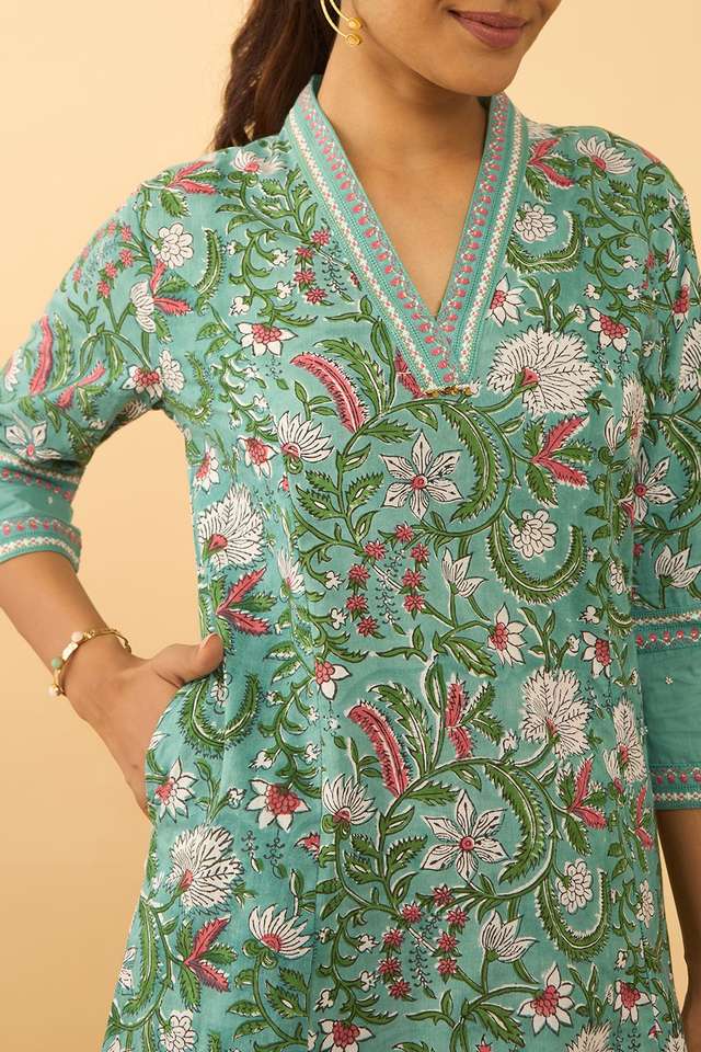 Light Blue Pure Cotton Printed Sanganeri Kurta thumbnail image number null
