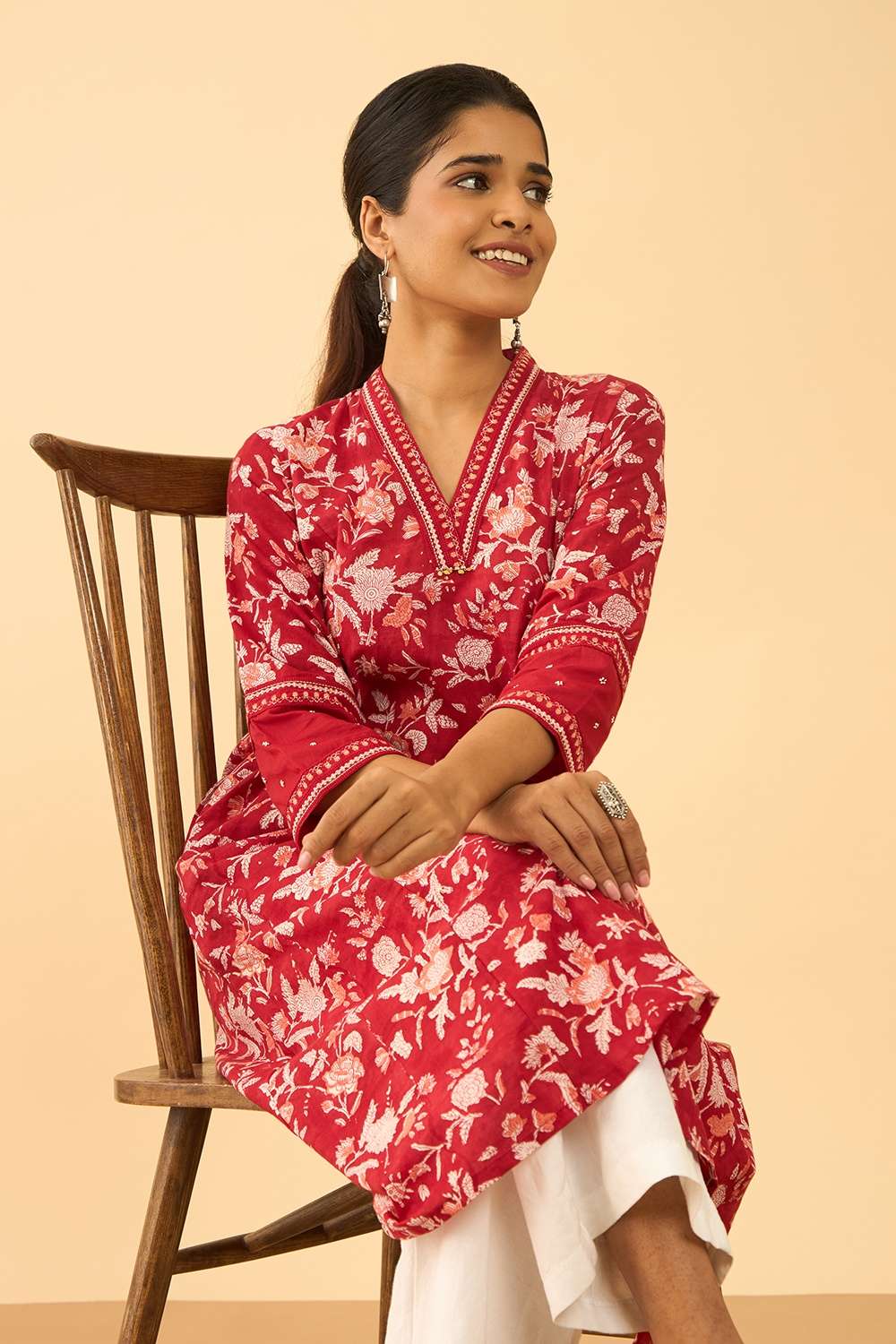 Red Pure Cotton Printed Sanganeri Kurta image number null