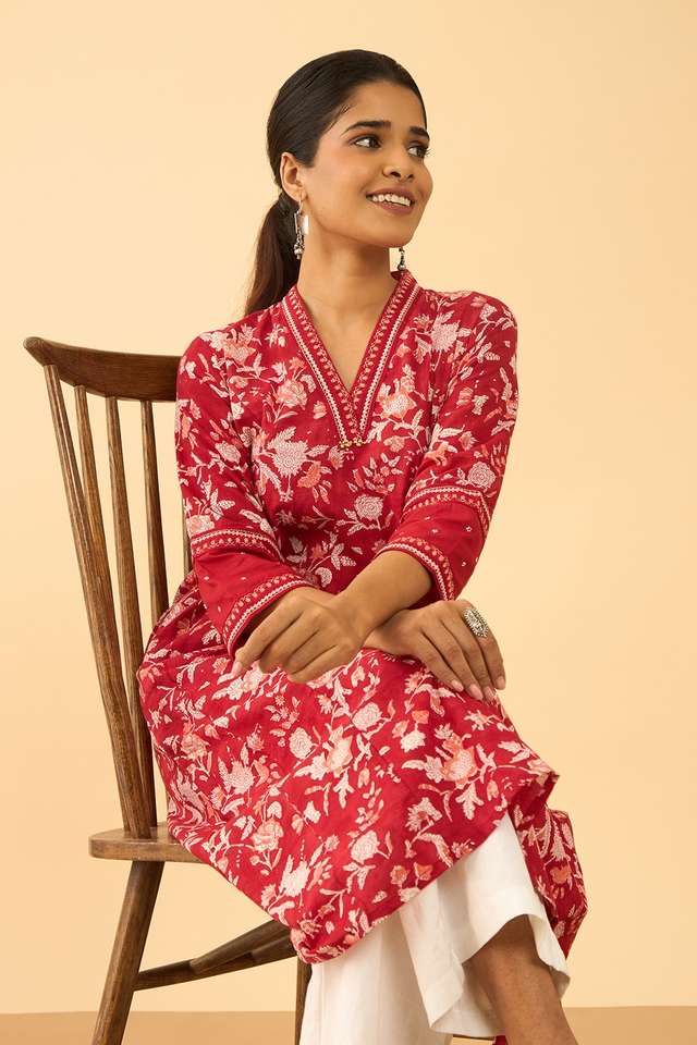 Red Pure Cotton Printed Sanganeri Kurta