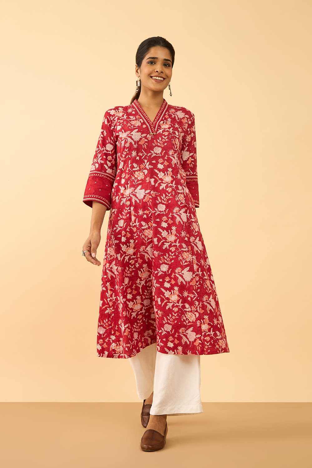 Red Pure Cotton Printed Sanganeri Kurta image number null